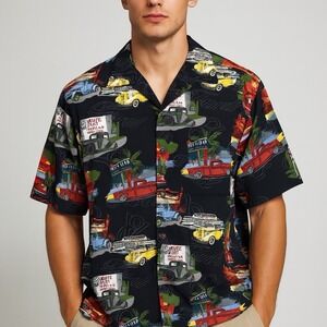 Vintage David Carey Camp Shirt Men Large Ford V8 Route 66 Classic Cars Hawaiian